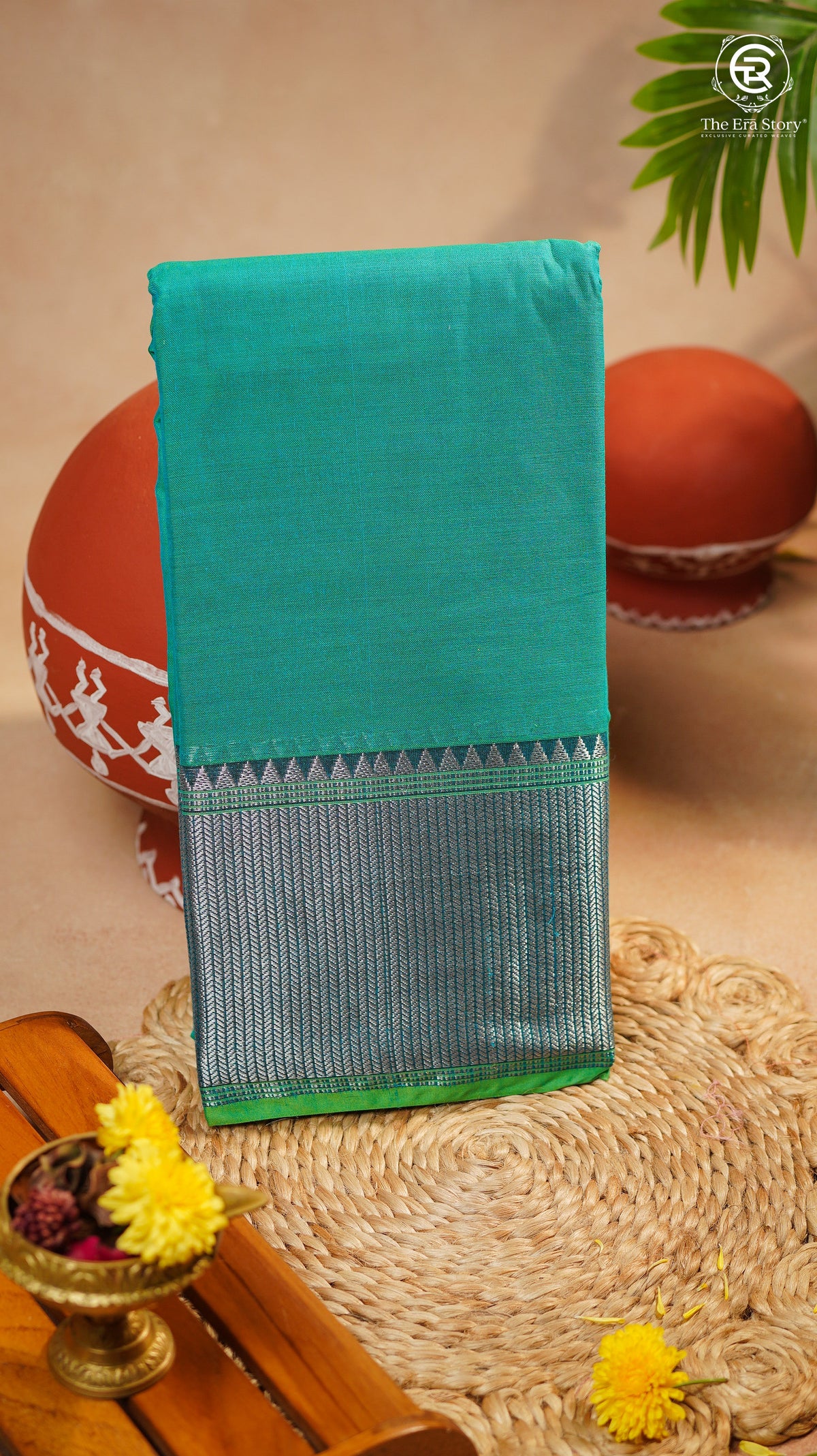 Turquoise Green Silver Checkered Zari Border Handloom Narayanpet Cotton Saree
