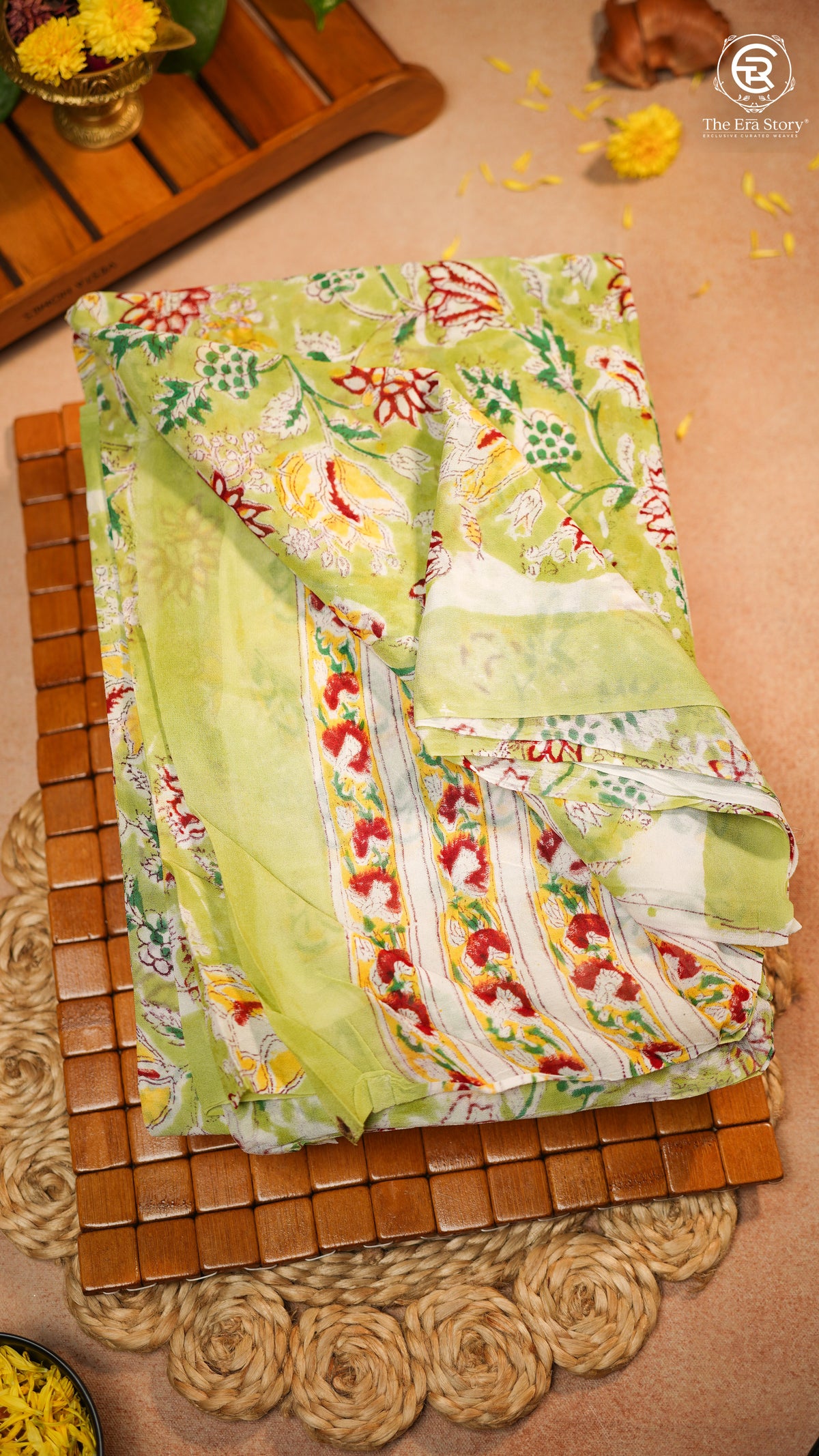 Moss Green & Red Floral Handblocked Pure Georgette Saree
