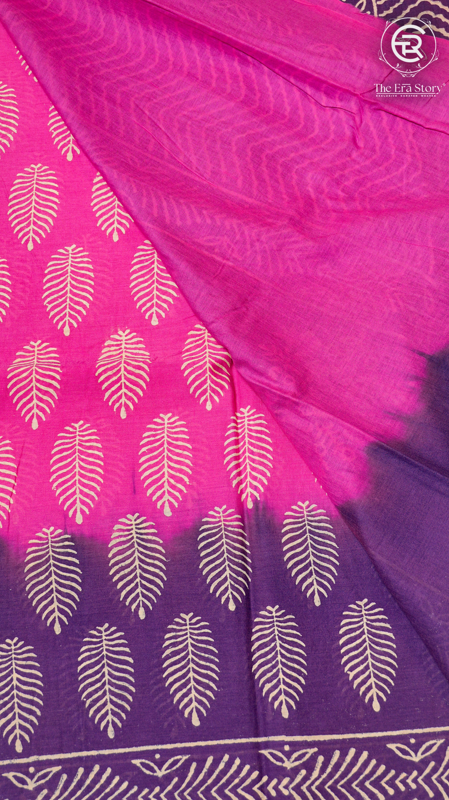 Pink and Purple Line Patterned Handblocked Pure Cotton Saree