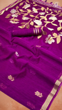 Purple Gold Silver Floral Tussar Silk Saree