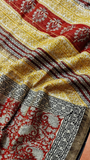 Red & Yellow Floral Handblocked Pure Maheshwari Cotton Sarees
