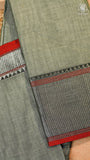 Grey & Red Silver Checkered Zari Border Handloom Narayanpet Cotton Saree