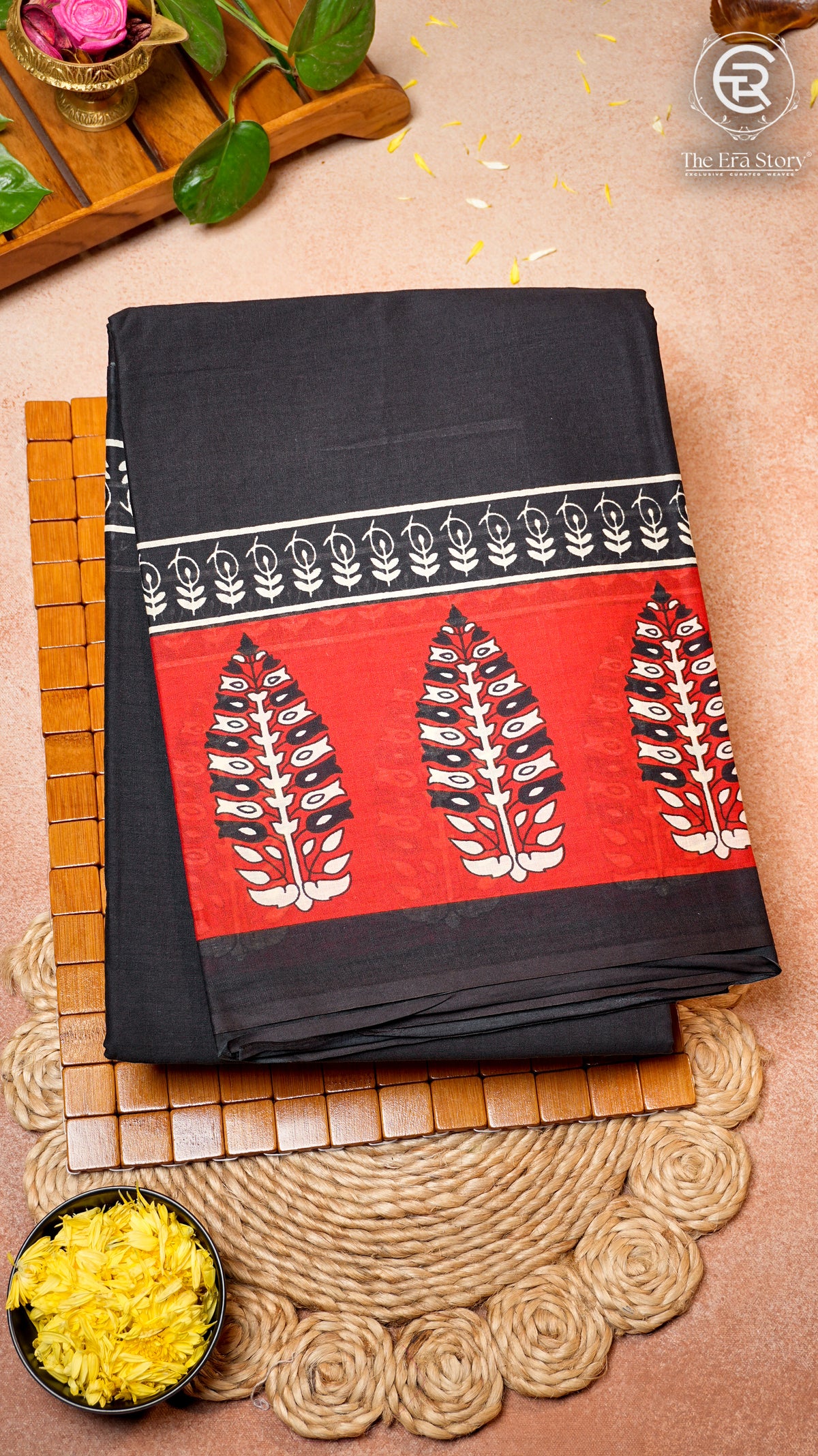 Black and Red Handblocked Pure Cotton Saree