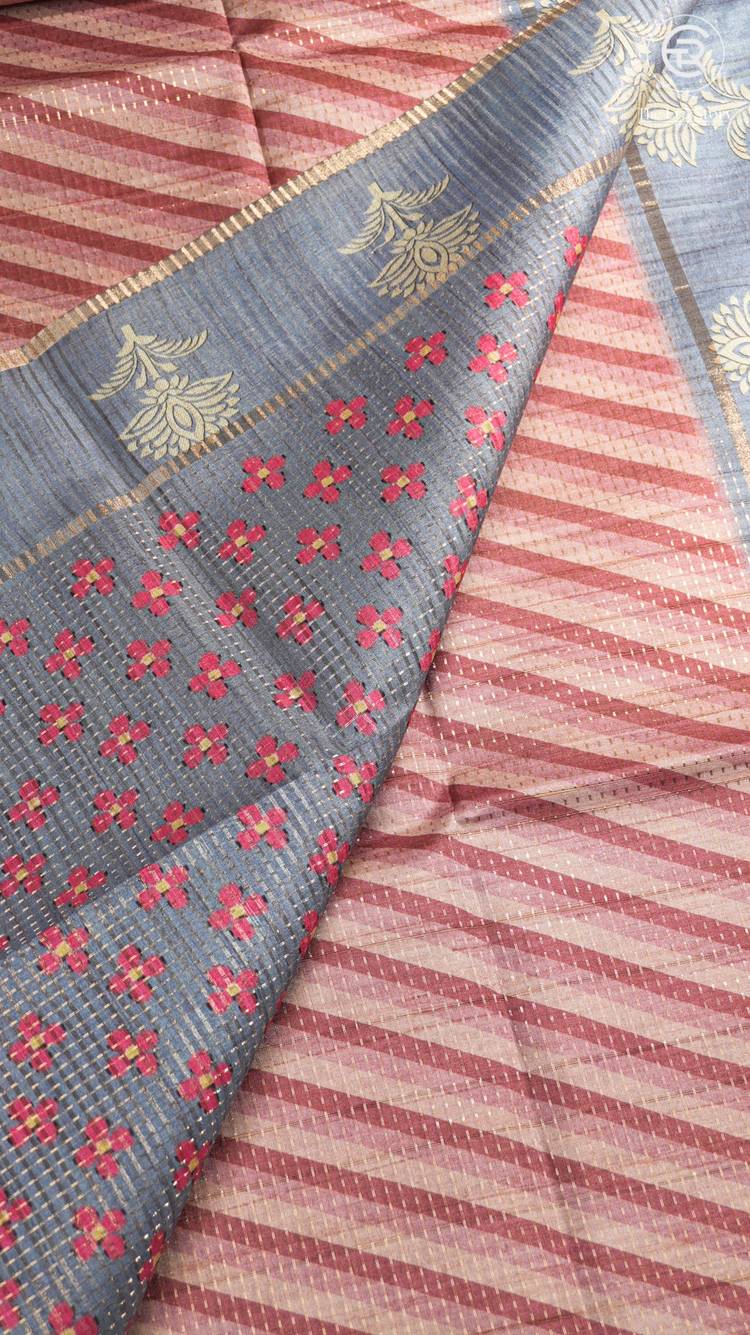 Beige Pink & Grey Blue Diagonal Kantha Matka Tussar Silk Saree