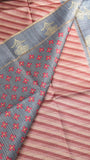 Beige Pink & Grey Blue Diagonal Kantha Matka Tussar Silk Saree