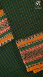 Bottle Green Line Patterned Temple Border Handloom Narayanpet Cotton Saree