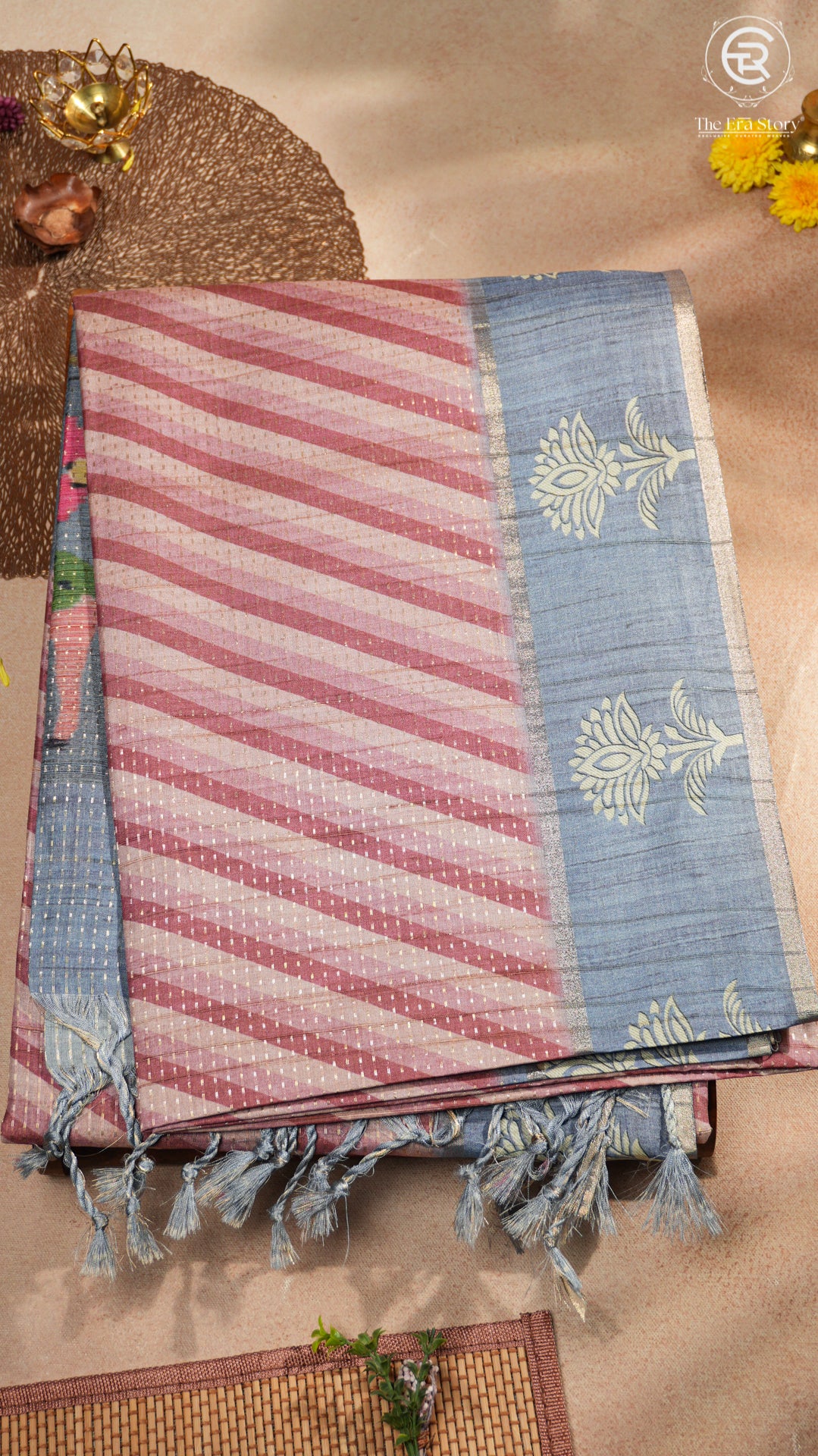 Beige Pink & Grey Blue Diagonal Kantha Matka Tussar Silk Saree