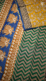 Yellow & Blue Floral Handblocked Pure Mul Cotton Saree