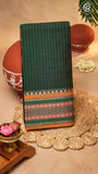 Bottle Green Line Patterned Temple Border Handloom Narayanpet Cotton Saree