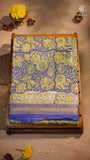 Blue & Yellow Kalamkari Inspired Handblocked Pure Maheshwari Cotton Saree