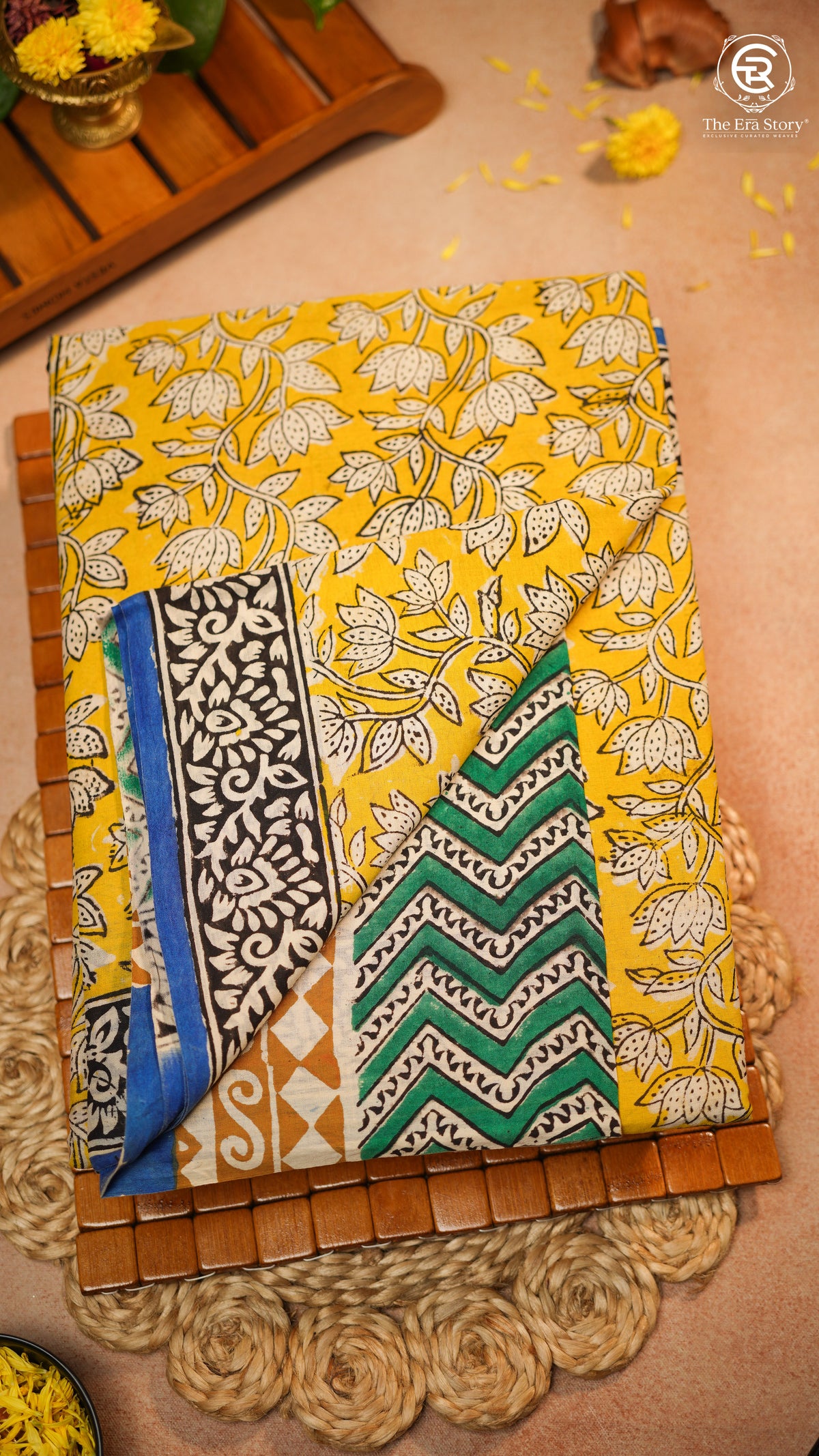 Yellow & Blue Floral Handblocked Pure Mul Cotton Saree