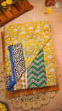 Yellow & Blue Floral Handblocked Pure Mul Cotton Saree