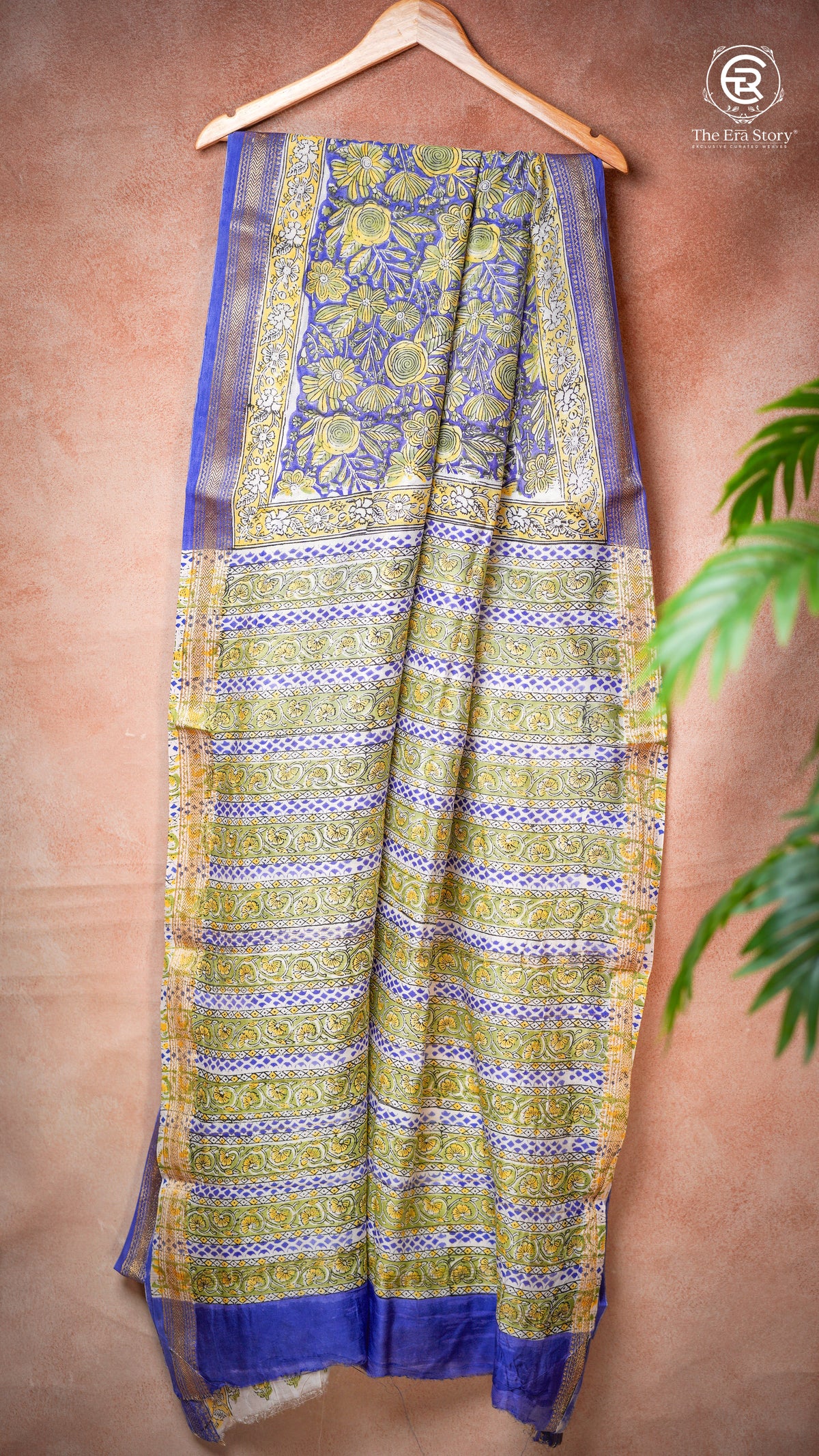 Blue & Yellow Kalamkari Inspired Handblocked Pure Maheshwari Cotton Saree