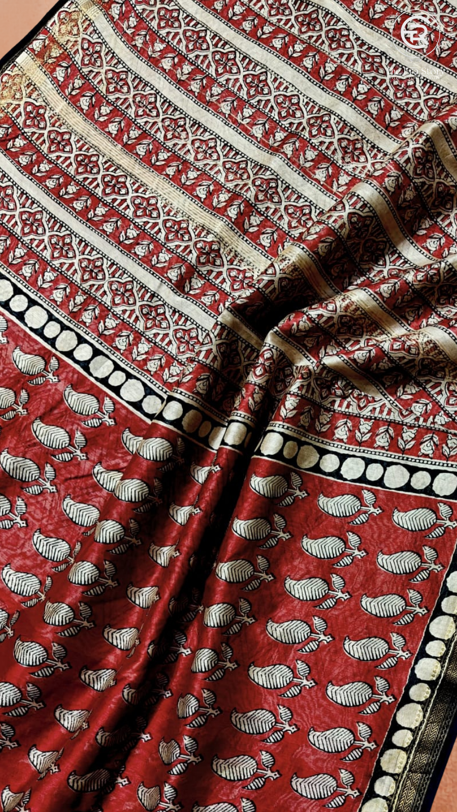 Red & Beige Mango Leaf Handblocked Pure Maheshwari Cotton Sarees