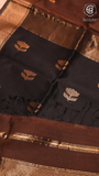Brown and Black Lotus Butta Handloom Pure Maheshwari Silk Saree