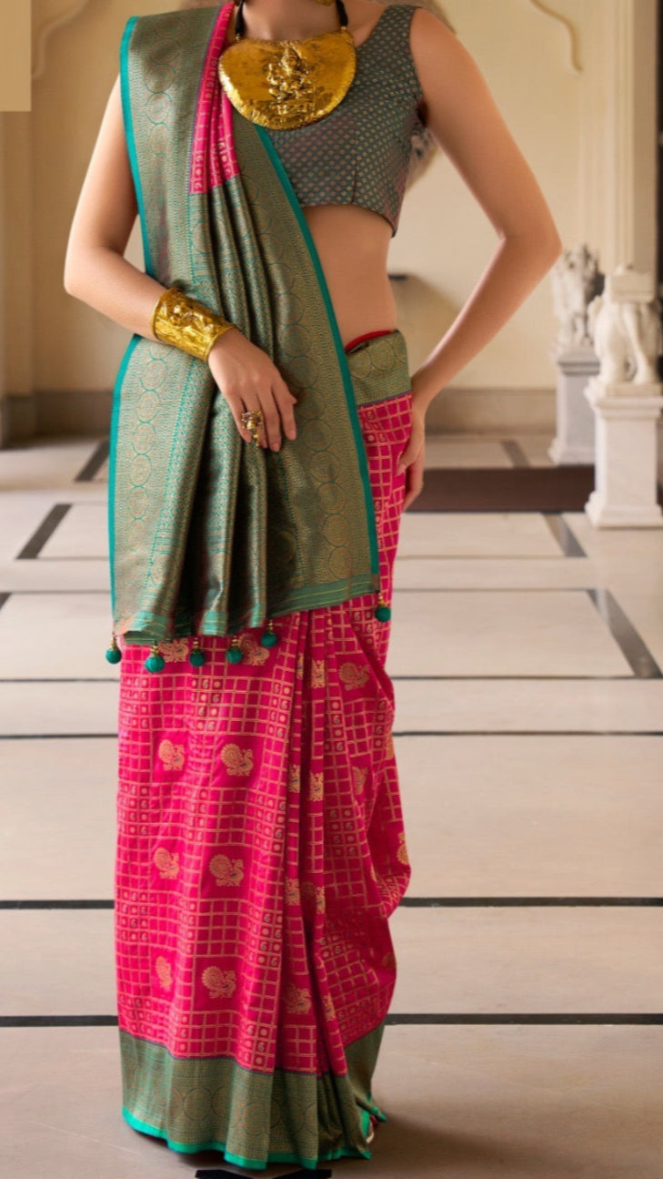 Pink and Green Check Peacock Patterned Banarasi Silk Saree