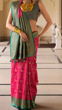Pink and Green Check Peacock Patterned Banarasi Silk Saree