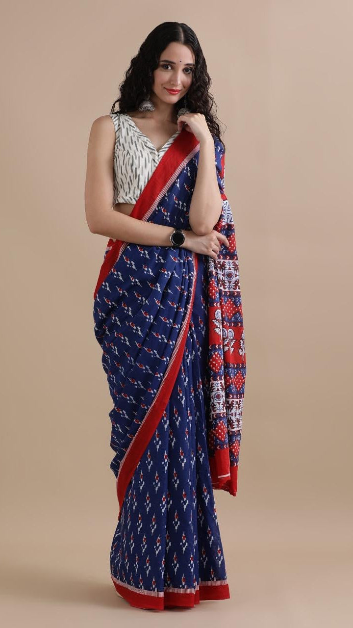Navy Blue Red & White Mulmul Cotton Saree