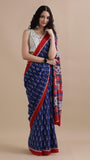 Navy Blue Red & White Mulmul Cotton Saree