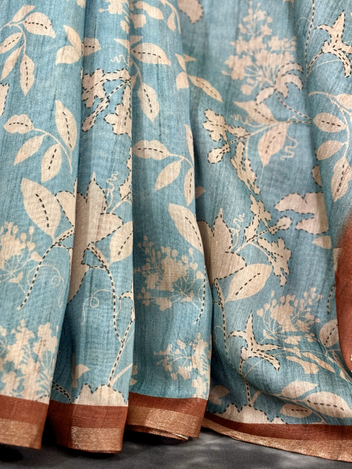 Sky Blue and Rust Red Floral Printed with Contrast Pallu Phulwari Silk Saree