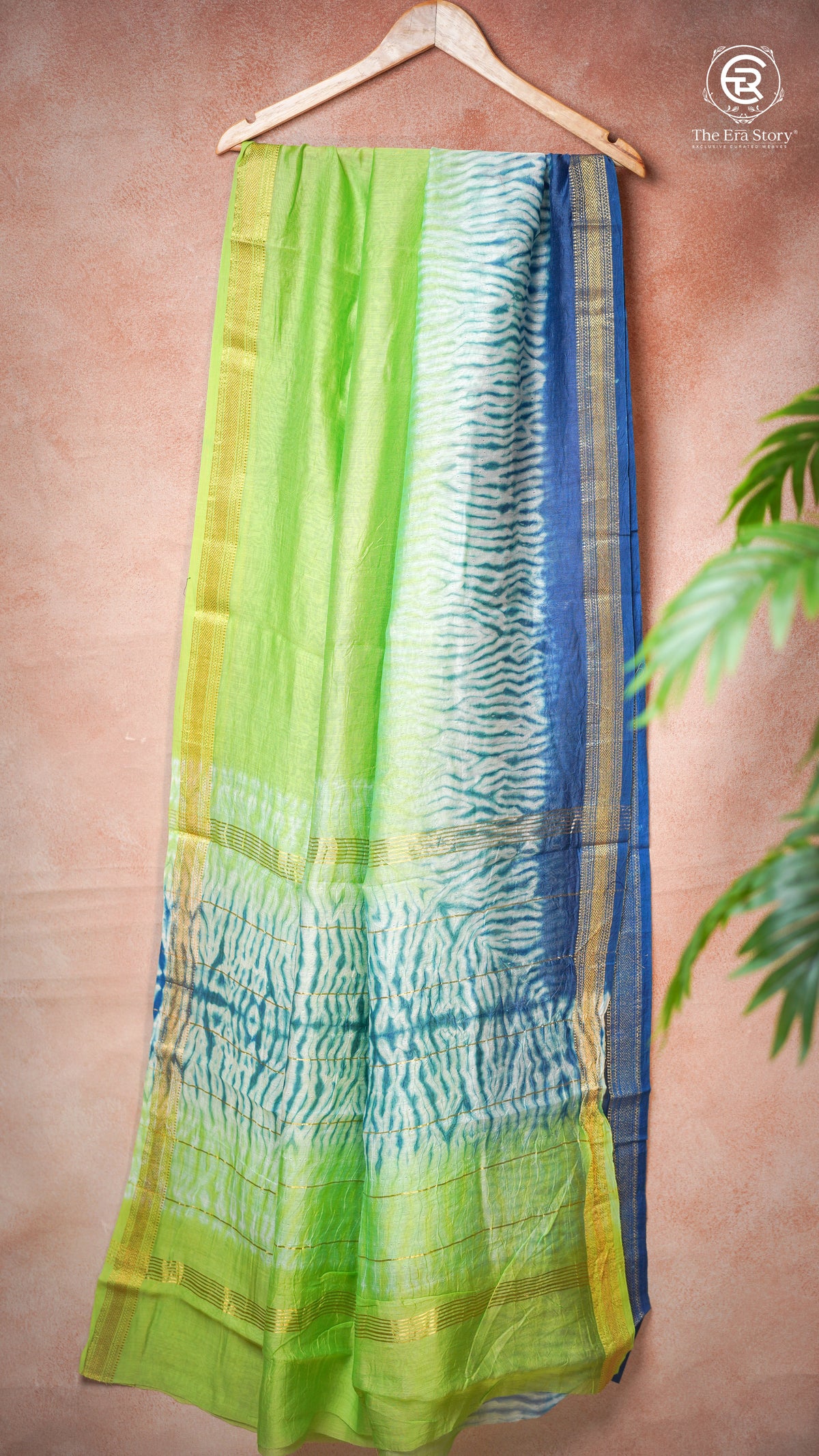 Parrot Green & Blue Ombre Handblocked Pure Maheshwari Cotton Saree