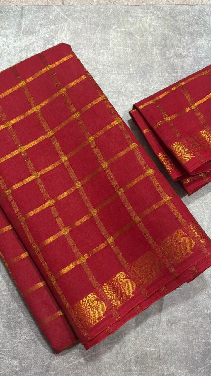 Red Checkered Peacock Sungadi Pure Cotton Saree