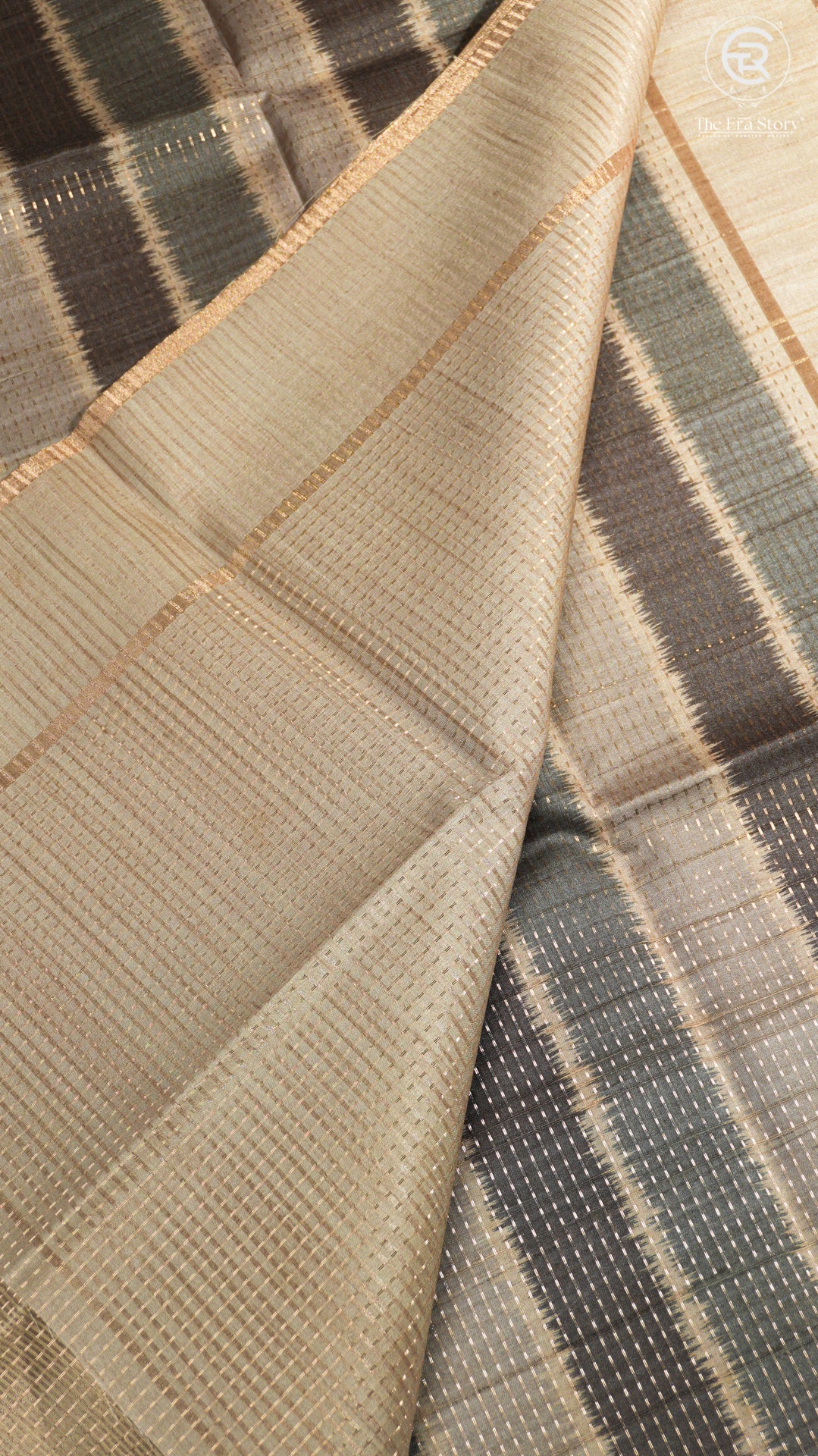 Grey and Beige Kantha Matka Tussar Silk Saree
