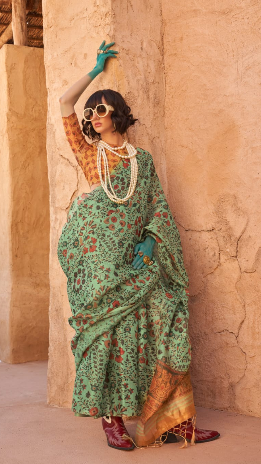 Green Floral Printed Handloom Zari Weaving Tissue Silk Saree