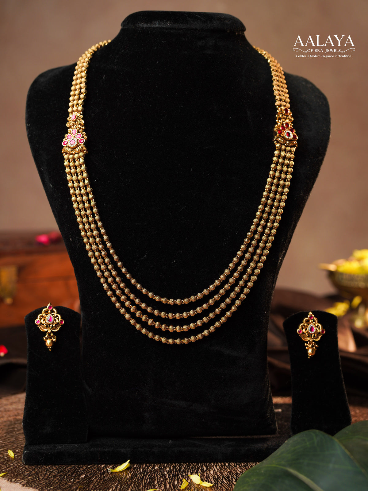 Aalaya Antique Ruby Gold Beaded Heritage Necklace