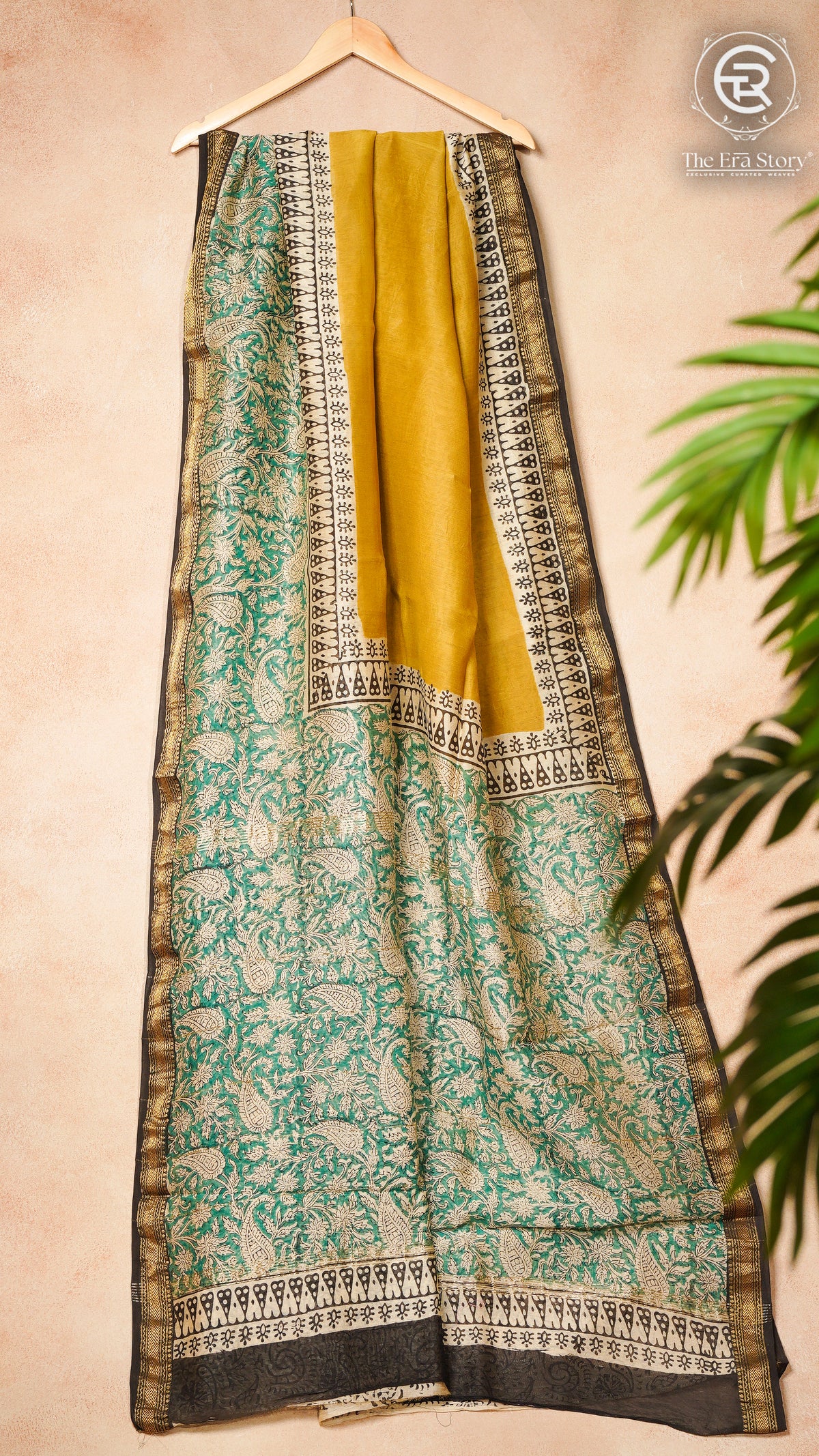 Yellow Green & Black Handblocked Maheshwari Silk Cotton Saree
