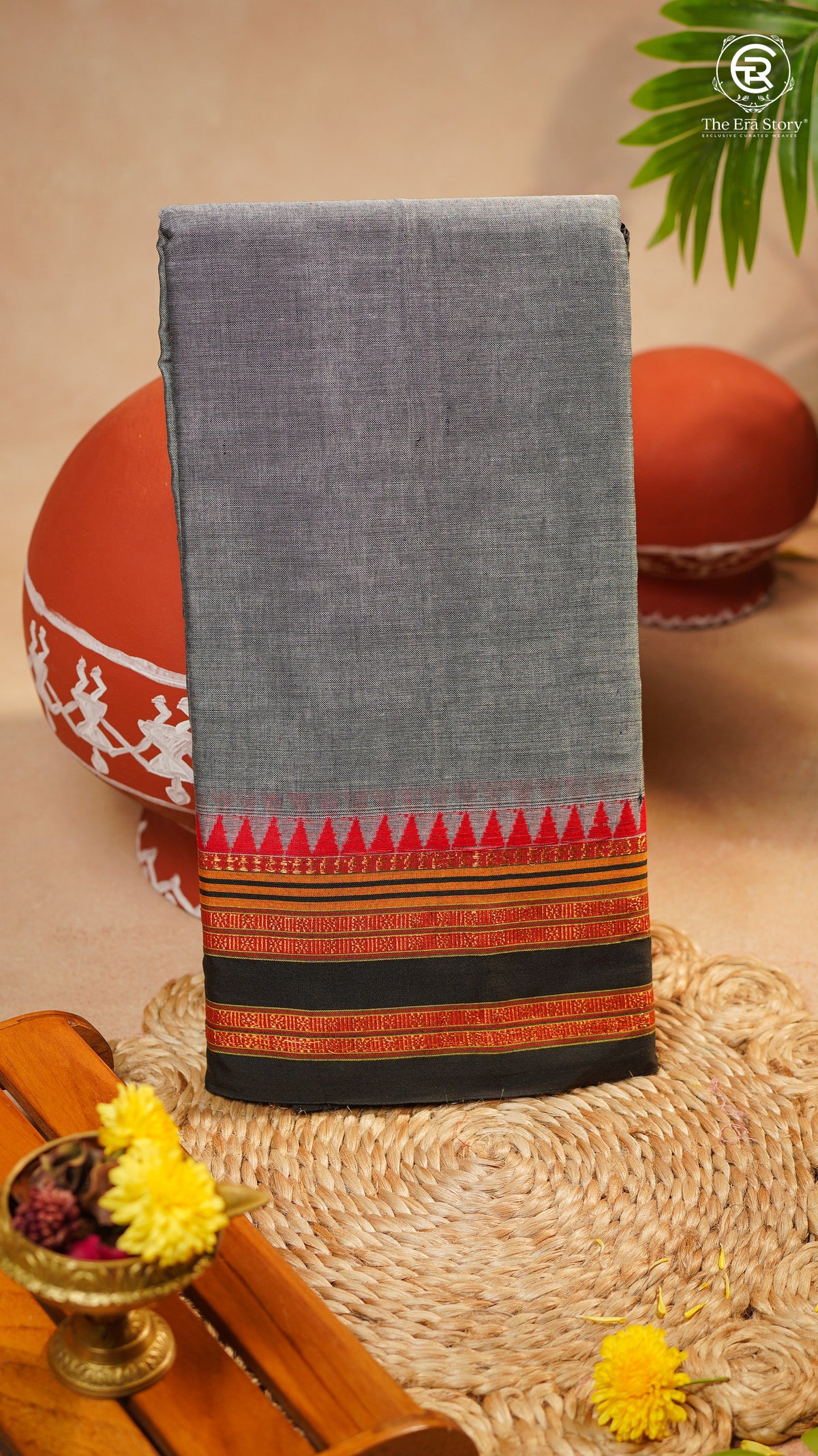 Grey & Black Temple Border Handloom Narayanpet Cotton Saree