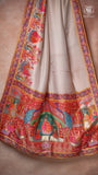 Beige & Red Peacock Festive Print Crepe Banarasi Saree