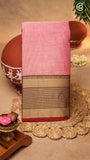Peach Pink Temple Checked Border Handloom Narayanpet Cotton Saree