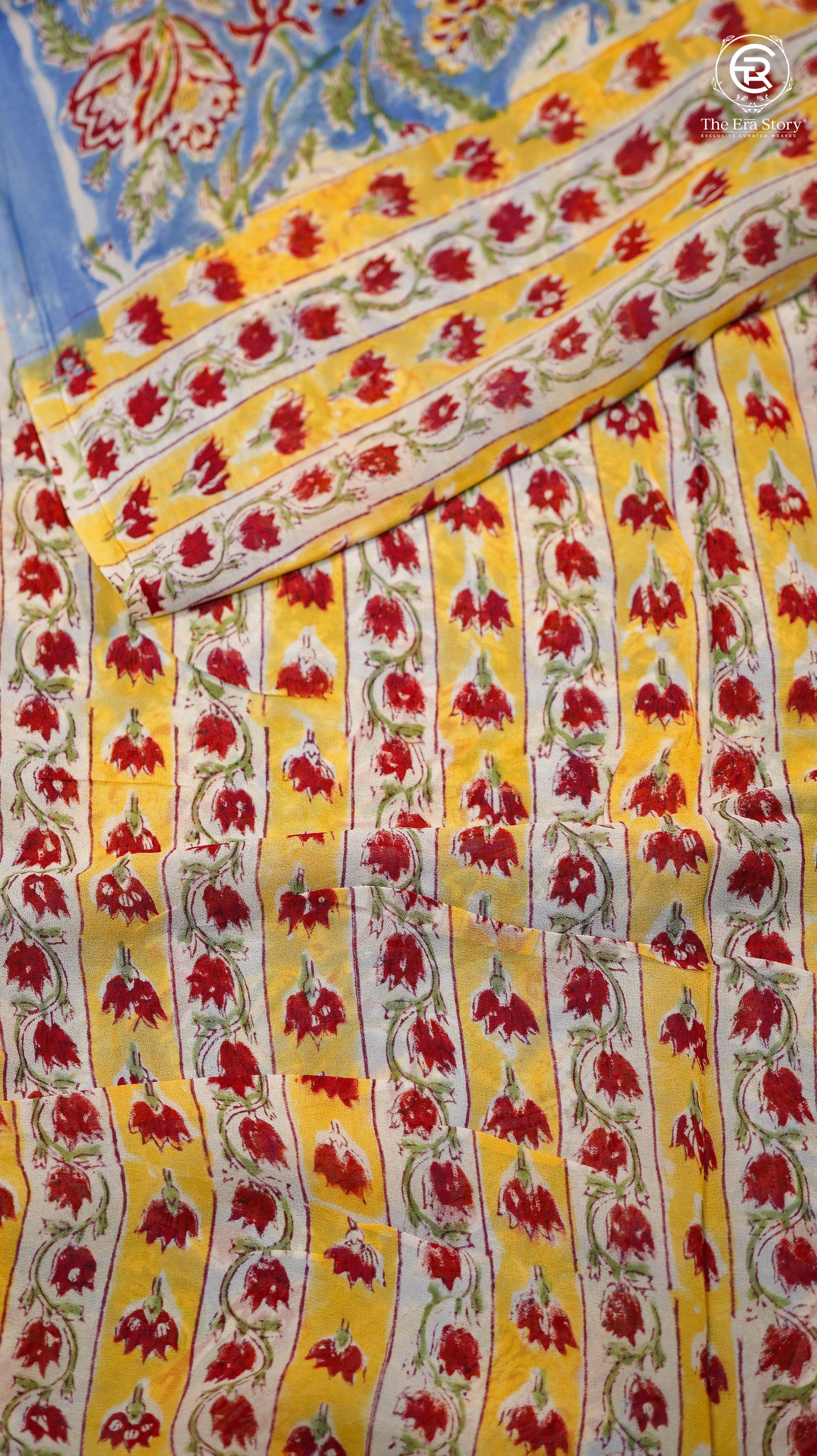 Blue & Red Yellow Floral Handblocked Pure Georgette Saree