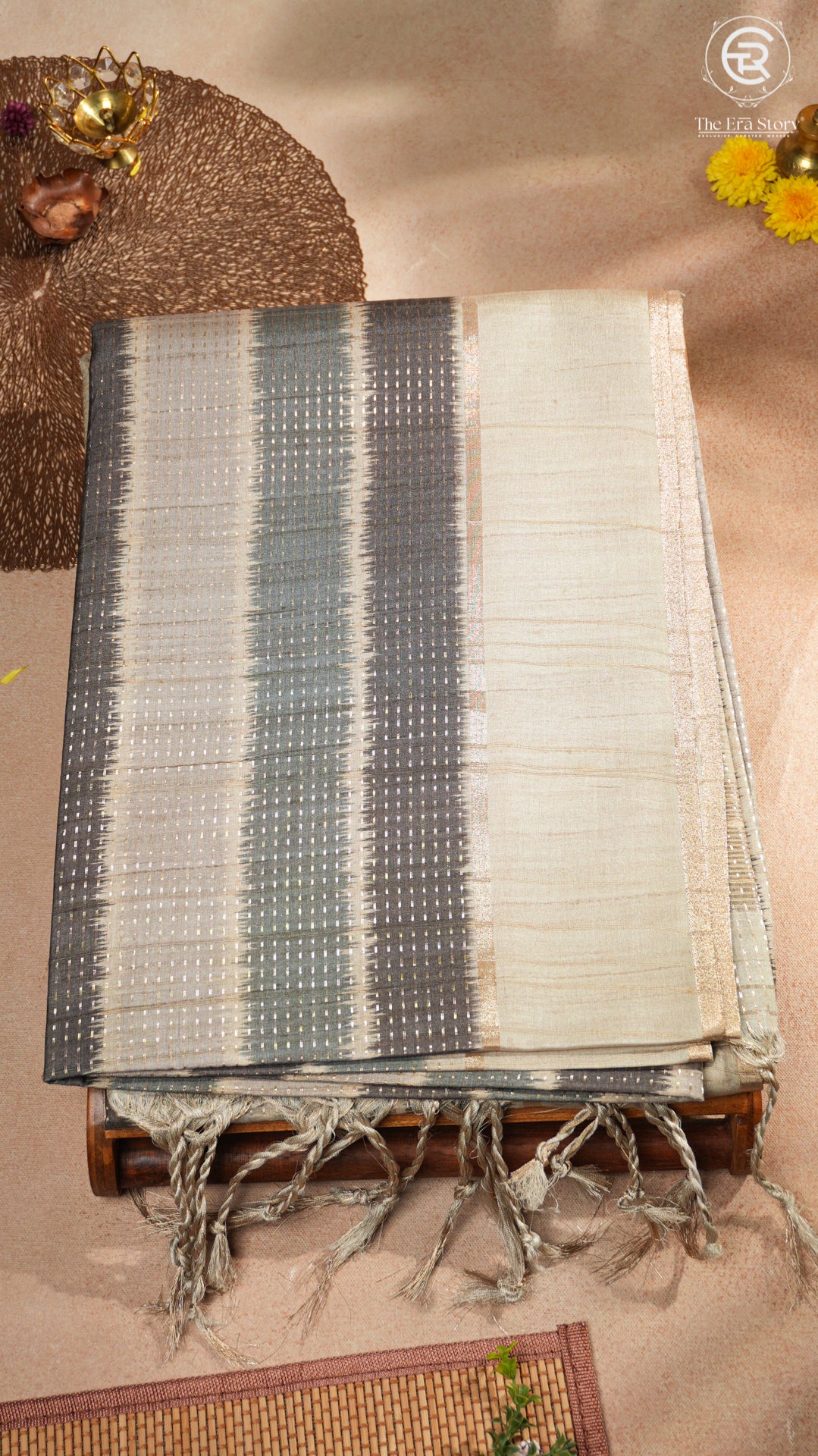 Grey and Beige Kantha Matka Tussar Silk Saree