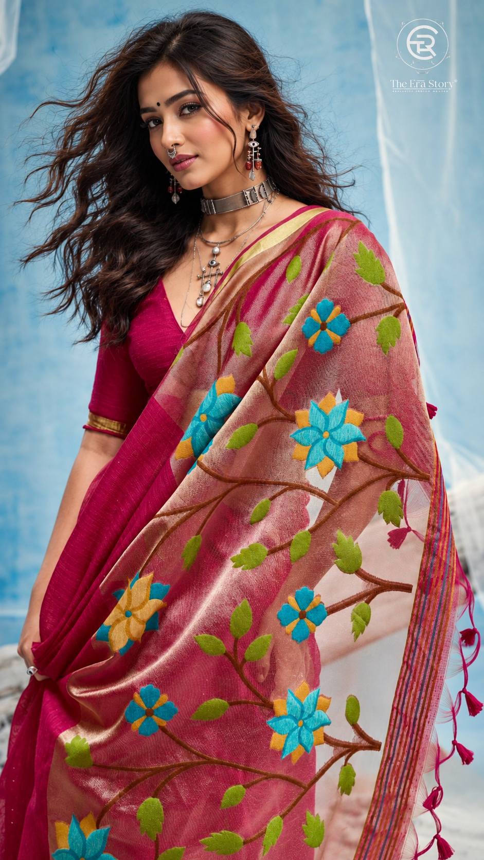 Deep Pink & Gold Multicolor Floral Tussar Silk Saree
