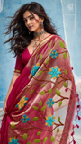 Deep Pink & Gold Multicolor Floral Tussar Silk Saree