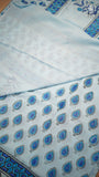White & Blue Floral Handblocked Pure Mul Cotton Saree