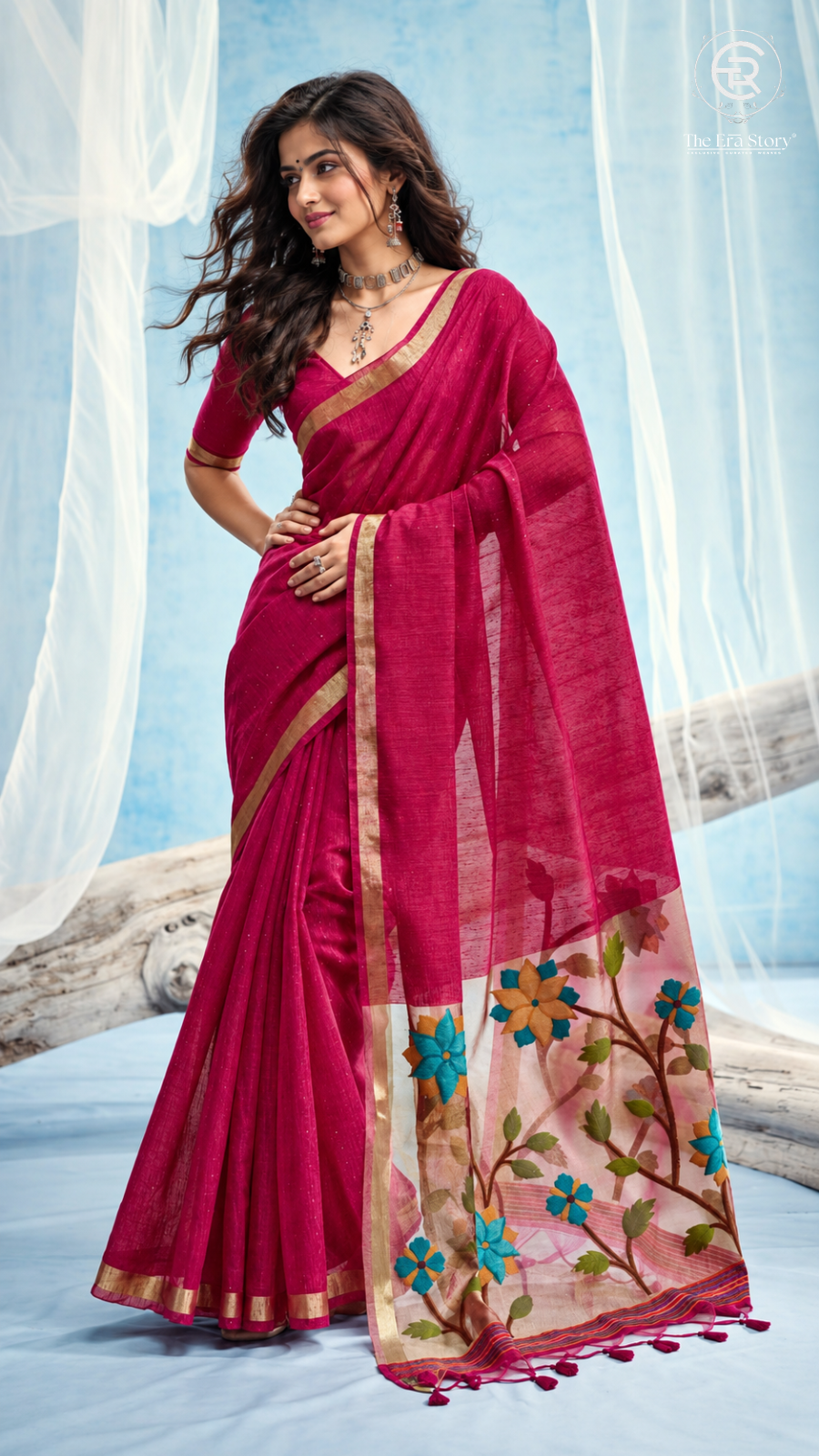 Deep Pink & Gold Multicolor Floral Tussar Silk Saree