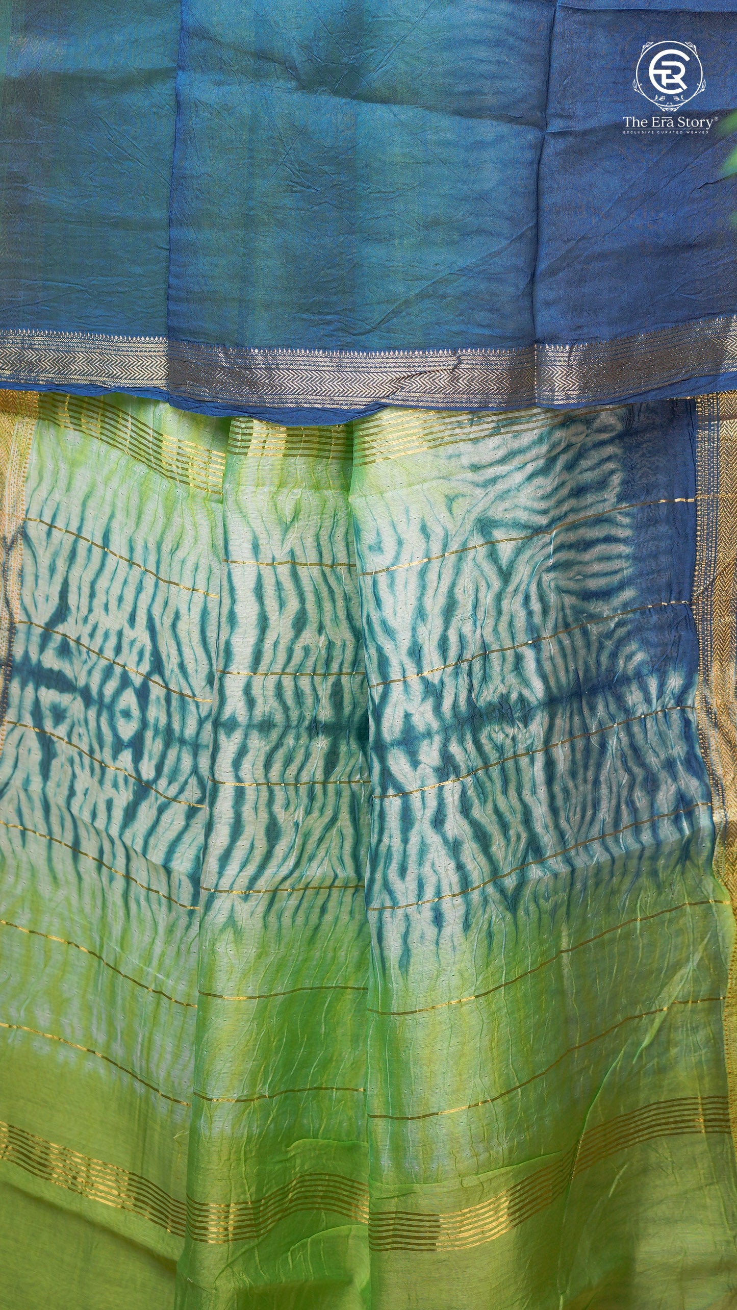 Parrot Green & Blue Ombre Handblocked Pure Maheshwari Cotton Saree