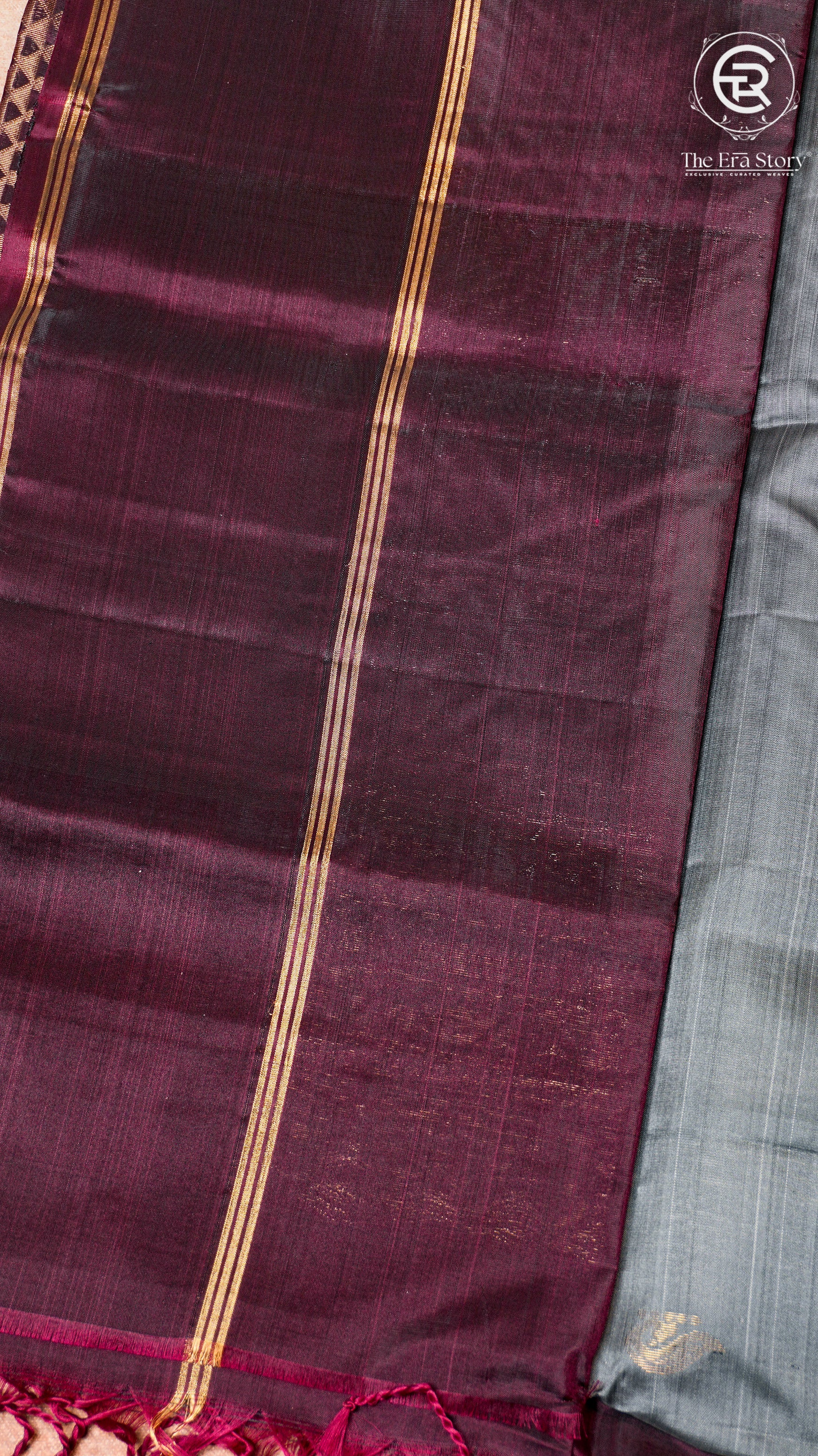 Pigeon Grey and Burgundy Handloom Pure Kanchipuram Silk Saree (Silk Mark Certified)