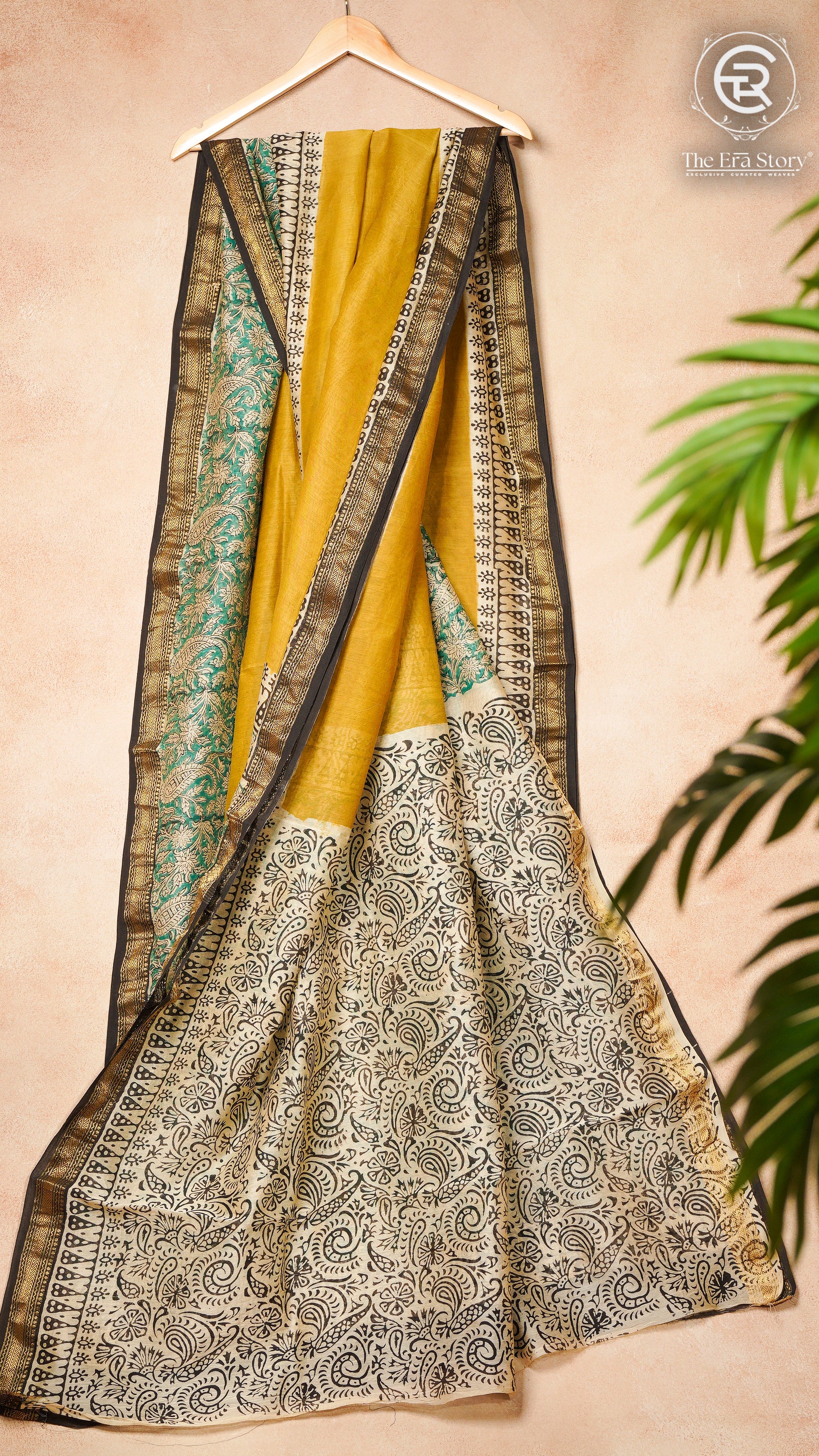 Yellow Green & Black Handblocked Maheshwari Silk Cotton Saree