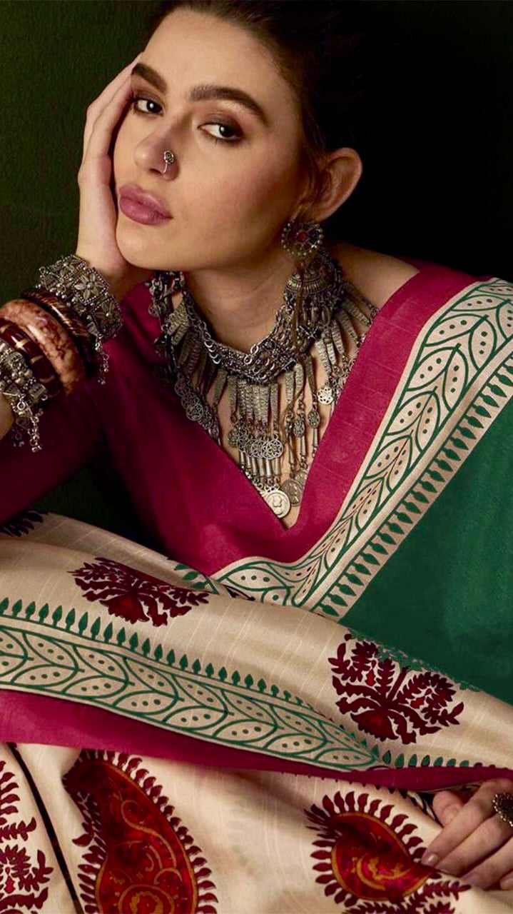 Green and Beige Ajrakh Hand Blocked Pure Cotton Saree