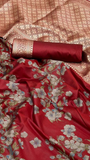 Red and Gold Floral Satin Banarasi Silk Saree