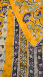 Yellow & Purple Vine Floral Handblocked Pure Georgette Saree