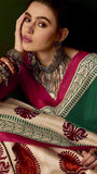 Green and Beige Ajrakh Hand Blocked Pure Cotton Saree