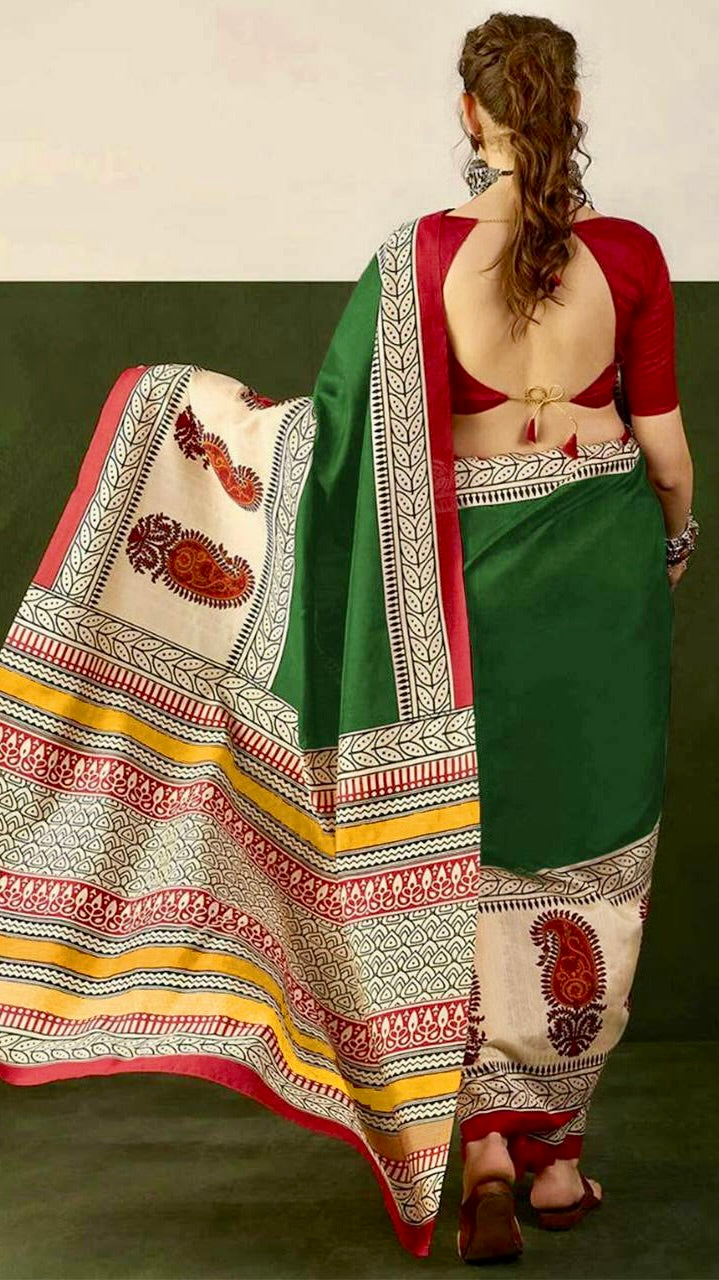 Green and Beige Ajrakh Hand Blocked Pure Cotton Saree