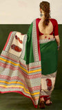 Green and Beige Ajrakh Hand Blocked Pure Cotton Saree