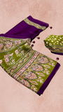 Purple and Green Ajrakh Satin Crepe Silk Saree