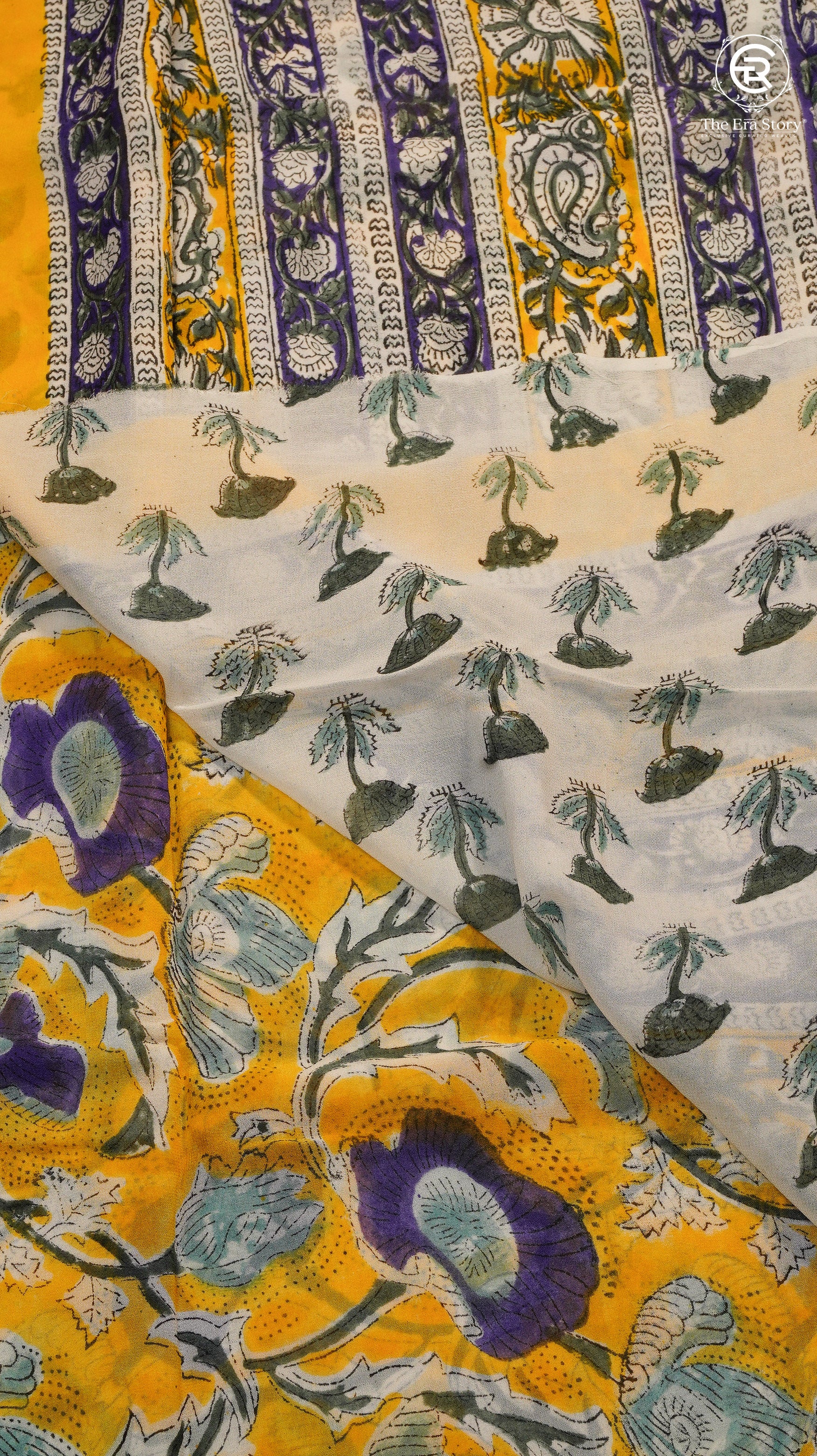 Yellow & Purple Vine Floral Handblocked Pure Georgette Saree